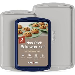 Bakken Swiss Cookie Sheet 3 Piece Set - Non-Stick, Stackable Baking Pans, Deluxe Ceramic Coating  Dishwasher Safe - for Home Baking (Royal Blue)