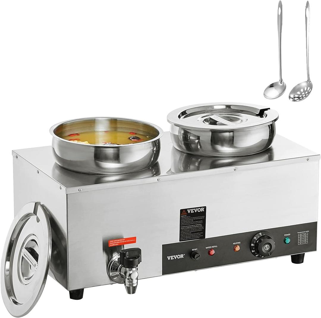 VEVOR Electric Soup Warmer, Dual 7.4QT Stainless Steel Round Pot 86~185F Adjustable Temp, 1200W Commercial Bain Marie with Anti-Dry Burn and Reset Button, Soup Station for Restaurant, Buffet, Silver, Size: 2×7L Pots