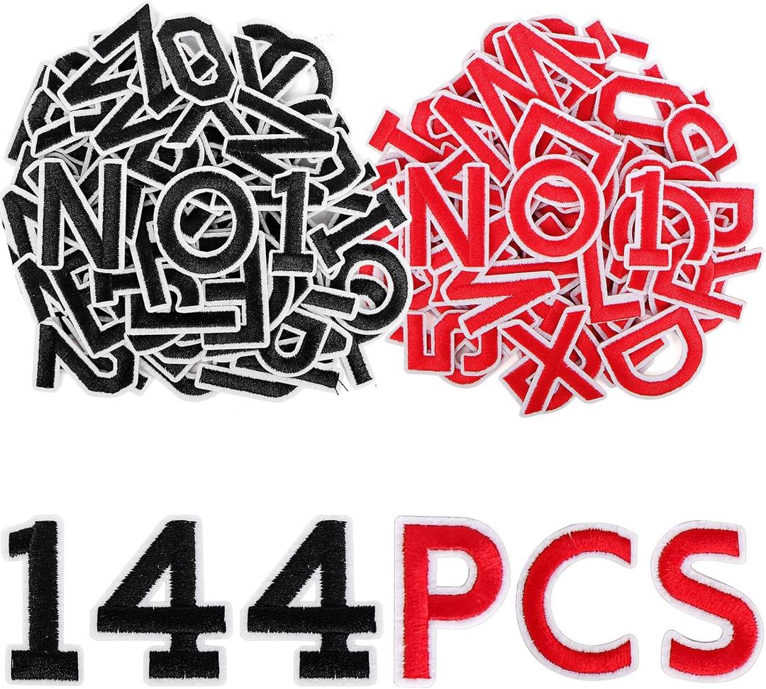 144Pcs Iron on Letters and Numbers Patches, Black and Red Iron on Letter Patches,Adhesive Alphabet Embroidered Patch A-Z,Numbers 0-9 Applique for Clothes, Dress, Hat, Socks, Jeans, DIY Accessories