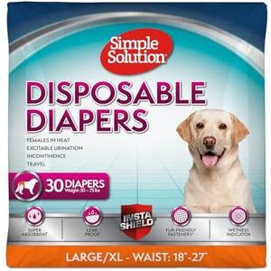 Simple Solution Disposable Dog Diapers, Female Dog Diapers, Puppy Potty Training, Incontinence and Heat Cycle Protection, Large Diapers for Dogs, 18-27 Inch Waist, 30 Count Simple Solution Disposable Dog Diapers, Female Dog Diapers, Puppy Potty Training, Incontinence and Heat Cycle Protection, Large Diapers for Dogs, 18-27 Inch Waist, 30 Count