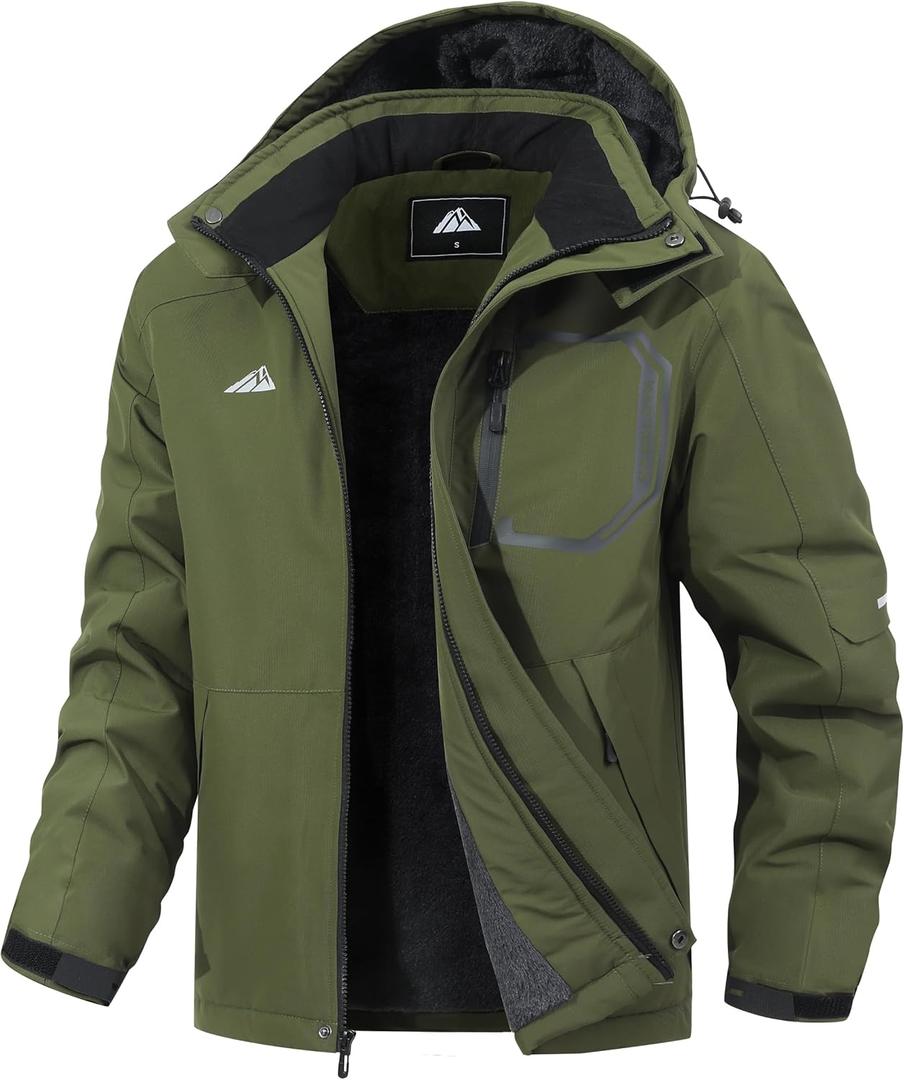 Men's Ski Jacket with Hooded Snowboarding Waterproof Fleece Lining Jacket Winter Coat Multi Pockets (X-Large, Army Green)