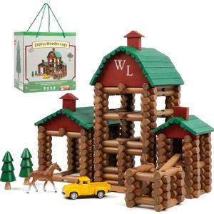 Wondertoys 330 Pcs Wooden Log Set Real Wood Logs Classic Building Log Ages 3+ Best Retro Building Gift Set for Boys Creative Construction Engineering Educational Gifts