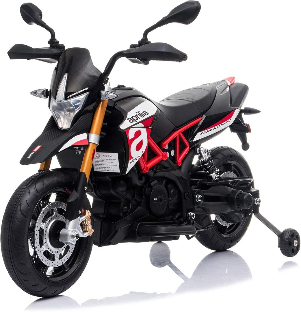 TOBBI 12V Aprilia Licensed Kids Ride-On Motorcycle Dirt Bikes for Kids with Training Wheels, Spring Suspension, Lights, Music Story USB MP3 (Red) (Red)