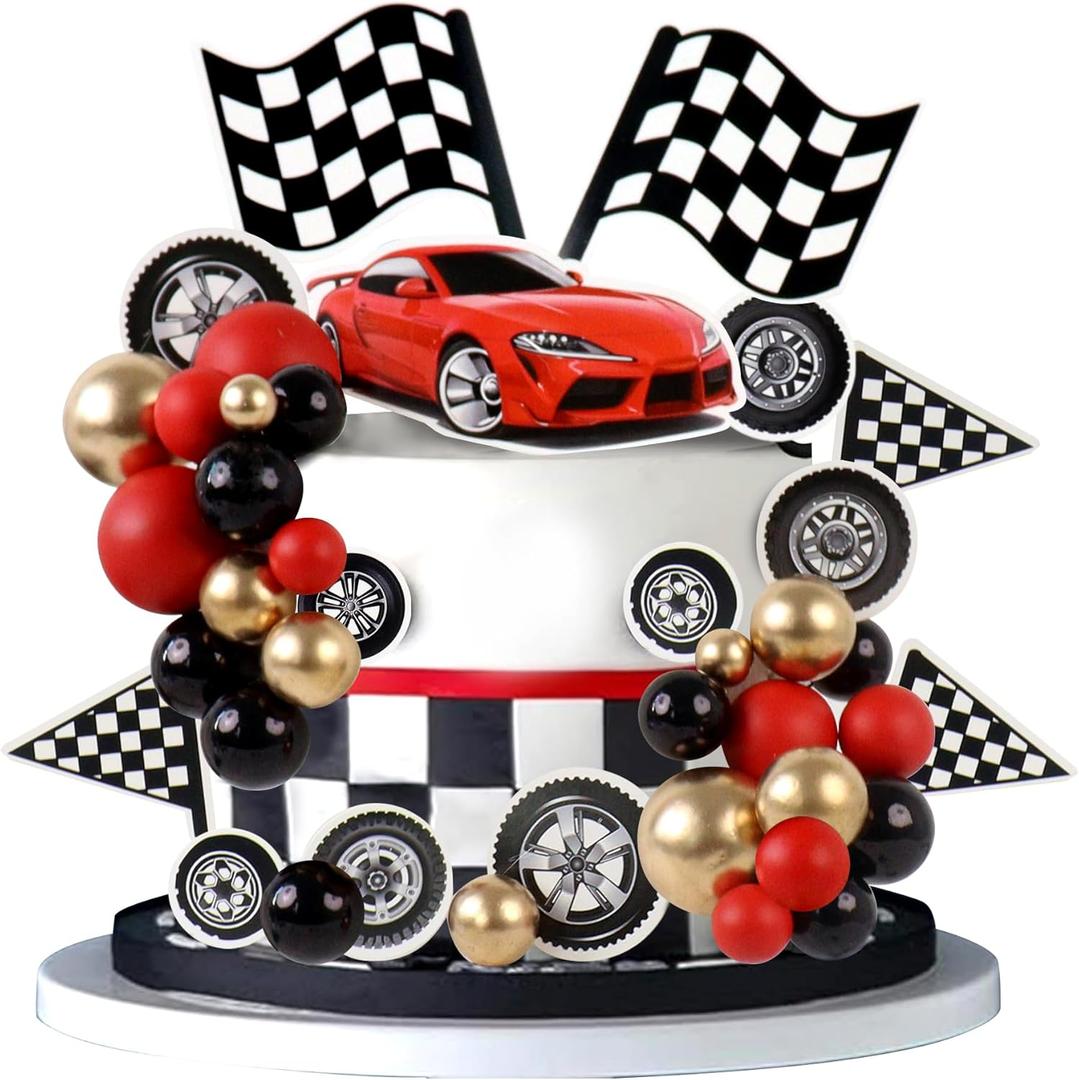 Ercadio 42Pcs Black Red Race Car Balls Cake Toppers Check Flag with Multicolor Balls Cake Decorations for Race Car Party Baby Shower Kids Racing Theme Funny Birthday Party Decoration Supplies