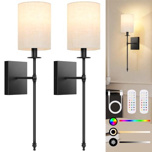 24.8 inch Battery Operated Wall Sconces Set of 2 with Remote, Rechargeable Wireless Wall Lights with Beige Fabric Shade, Indoor Not Hardwired Dimmable for Bedroom Living Room Decor