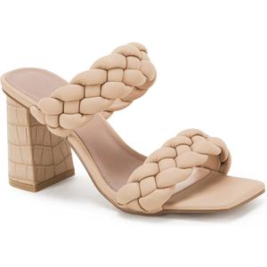 Syktkmx Women's Braided Heels Sandals Chunky Block Heel Double Strap Summer Dressy Sandal (5.5, Light Khaki)