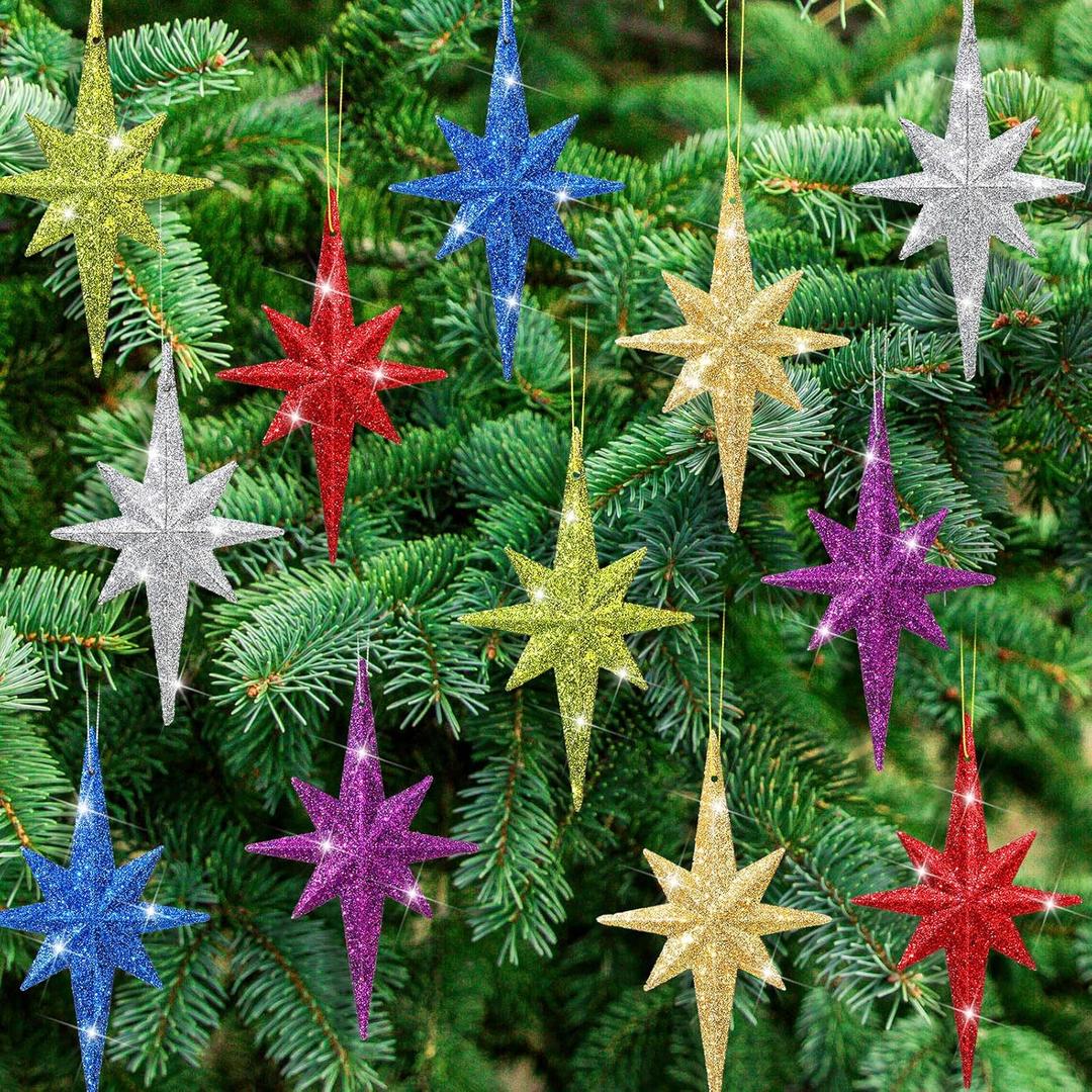 Quzzil 12 Pcs Christmas Colorful Bethlehem Star Ornament 4.72 x 2.95 Inch Star of Bethlehem Christmas Tree Topper Glitter Ornament Plastic Nativity Stars Hanging Decor Accessories