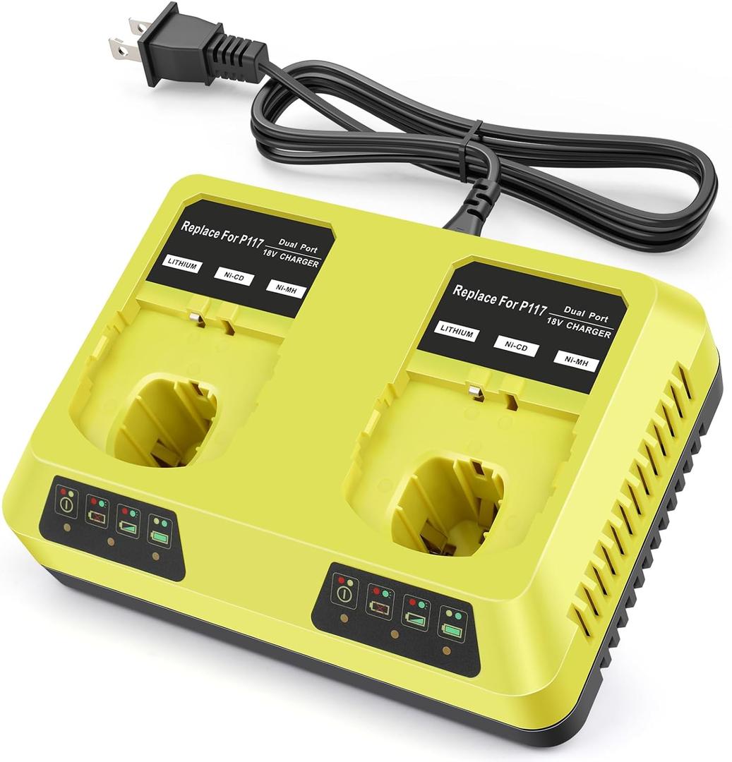Dual Charging Port P117 Quick Charger (Multi-Chemistry) for Ryobi 12V-18V ONE+ NiCd/NiMh/Lithium Tools Battery Charging Station fit P100 P102 P103 P105 P107 P108 P122 P189 P191 P197