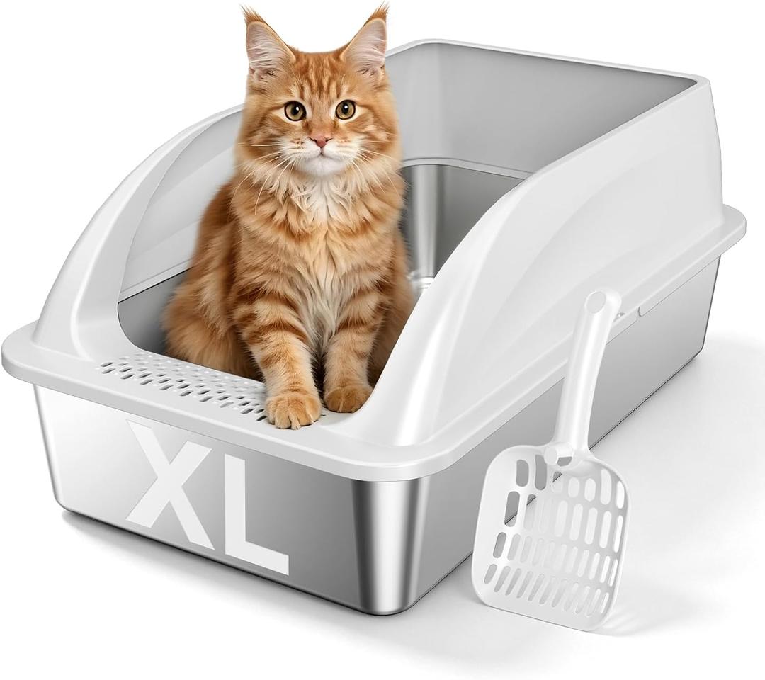 Stainless Steel Litter Box with High Sides, Extra Large Metal Cat Litter Pan for Big Cats, XL Litter Box with Scoop, Non-Stick Easy Clean Anti-Leak Kitty Litter Pan, Odor Control Open Top Design