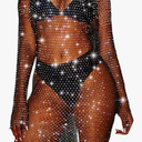 Fstrend Women Rhinestone Mesh Dress Black Sparkly Crystal Cover Up Long sleeves Skirts Concert Rave Fishnet Outfits, One Size