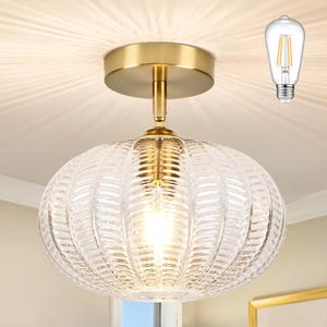 Gold Semi Flush Mount Ceiling Light Fixture Vintage Ceiling Light Fixture Farmhouse Globe Glass Mid Century Textured Glass Hallway Fixture for Bathroom Entryway (Bulb Incl.)
