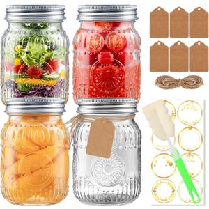 16oz Mason Jars with Airtight Rust-Proof 304 Stainless Steel Lids and Bands, 4 Pack with Elegant Sunflower Embossing, Pint Glass Jars for Meal Prep, Pickling, Overnight Oats, Dry Food & DIY Crafts