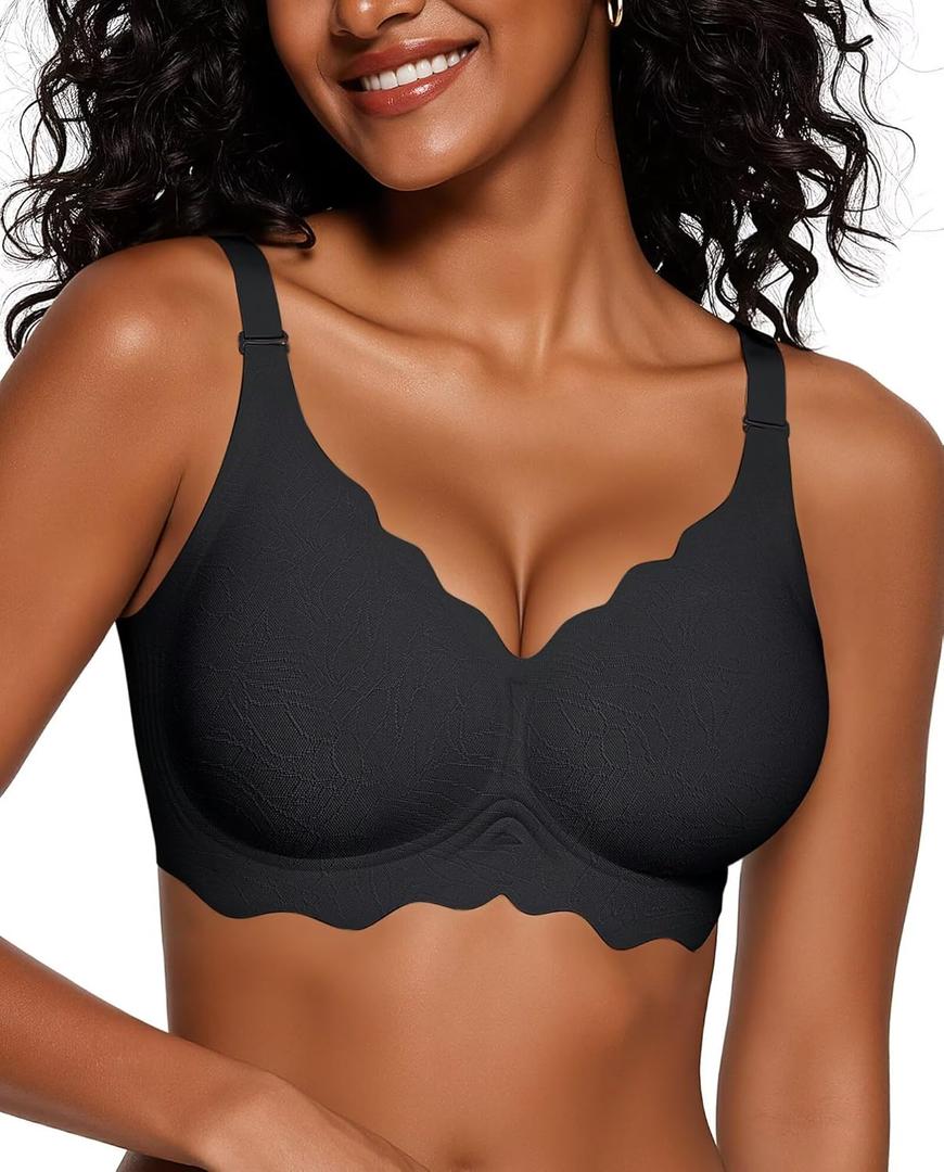 Vertvie Seamless Bras for Women No Underwire Wireless Push Up Bra Support Full Coverage Bralette Comfort Everyday Sports Bra (X-Large, Black Jacquard)