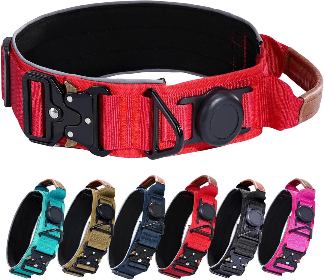 AirTag Dog Collar, 2" Wide Waterproof Military Tactical Dog Collar with AirTag Holder, Leather Handle and Metal Buckle, Reflective, Padded, Heavy Duty Nylon Dog Collars for Medium Dogs(Red, M) (Neck Girth: 14.2-18.5)