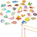 ONEST 34 Pieces Magnetic Fishing Game for Kids Wooden Magnet Fishing Game Wooden Magnetic Toys for Kindergarten Preschool Girl Boy (Classic Marine Fish)
