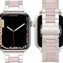 Wearlizer Compatible with Apple Watch Band 38/40/41/42mm Fashion Wristbands Womens, Stainless Steel + Resin Metal Replacement for iWatch Series 11 10 - Starlight+Pink