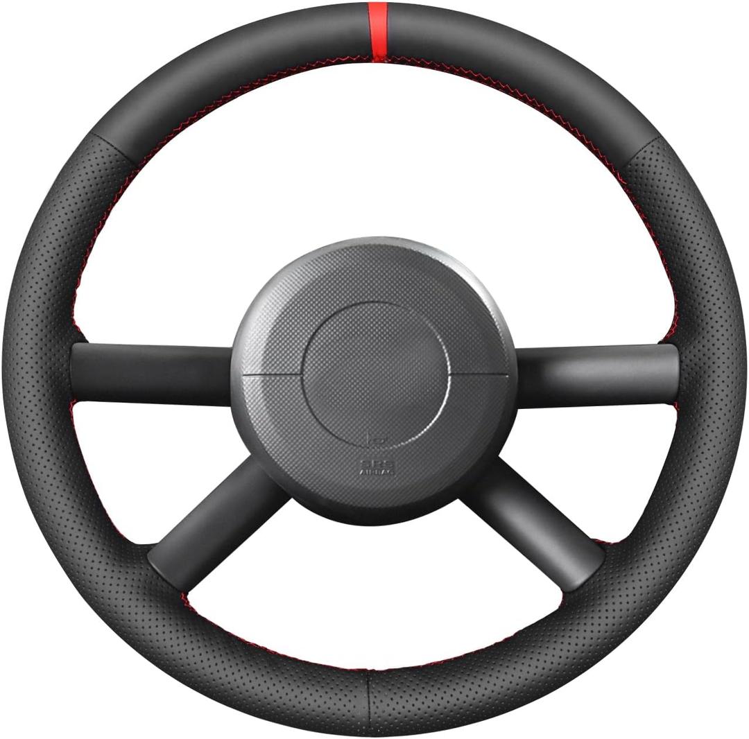 MEWANT Steering Wheel Cover for Jeep Wrangler (JK) 2007-2010 Hand-Stitched Leather Steering Wheel Wrap (black microfiber leather + red thread)