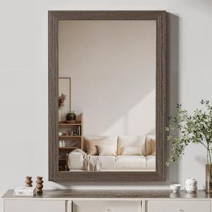 Bathroom Mirror for Wall with Wooden Frame, 36"x24" Rustic Farmhouse Vanity Mirror with Solid Wood Frame, Rectangular Wall-Mounted Mirror for Bathroom, Living Room, or Entryway (Brown)
