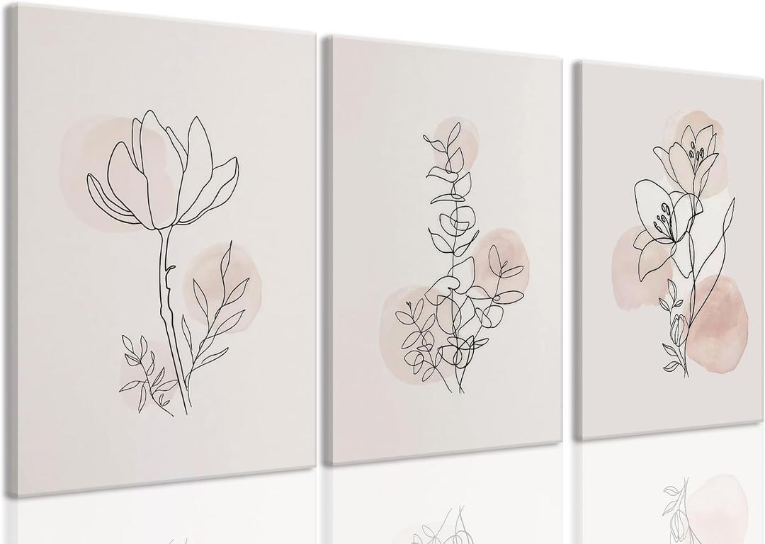 PhexlyArt 3 Piece Boho Floral Line Canvas Wall Art Abstract Botanical Wall Art Neutral Botanical Pictures Wall Decor Minimalist Flowers Line Art Prints for Living Room Bedroom Nursery 16"x24"