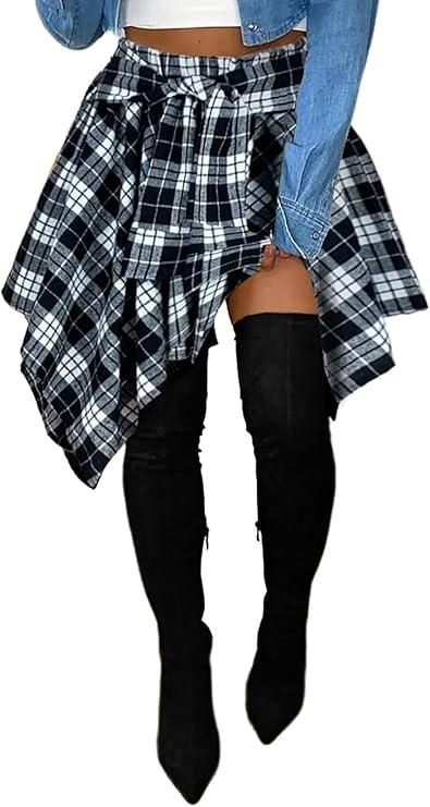 YBSKG Womens Plaid Skirts Elastic High Waist Tie Front Asymmetrical Hem Pleated Mini Skirt, Large