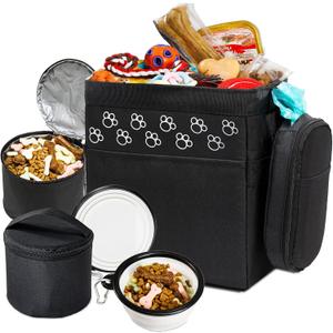 Dog Travel Bag - Airline Approved, 2 Food Containers, 2 Bowls, Treat Pouch & Accessories (Small, Black)