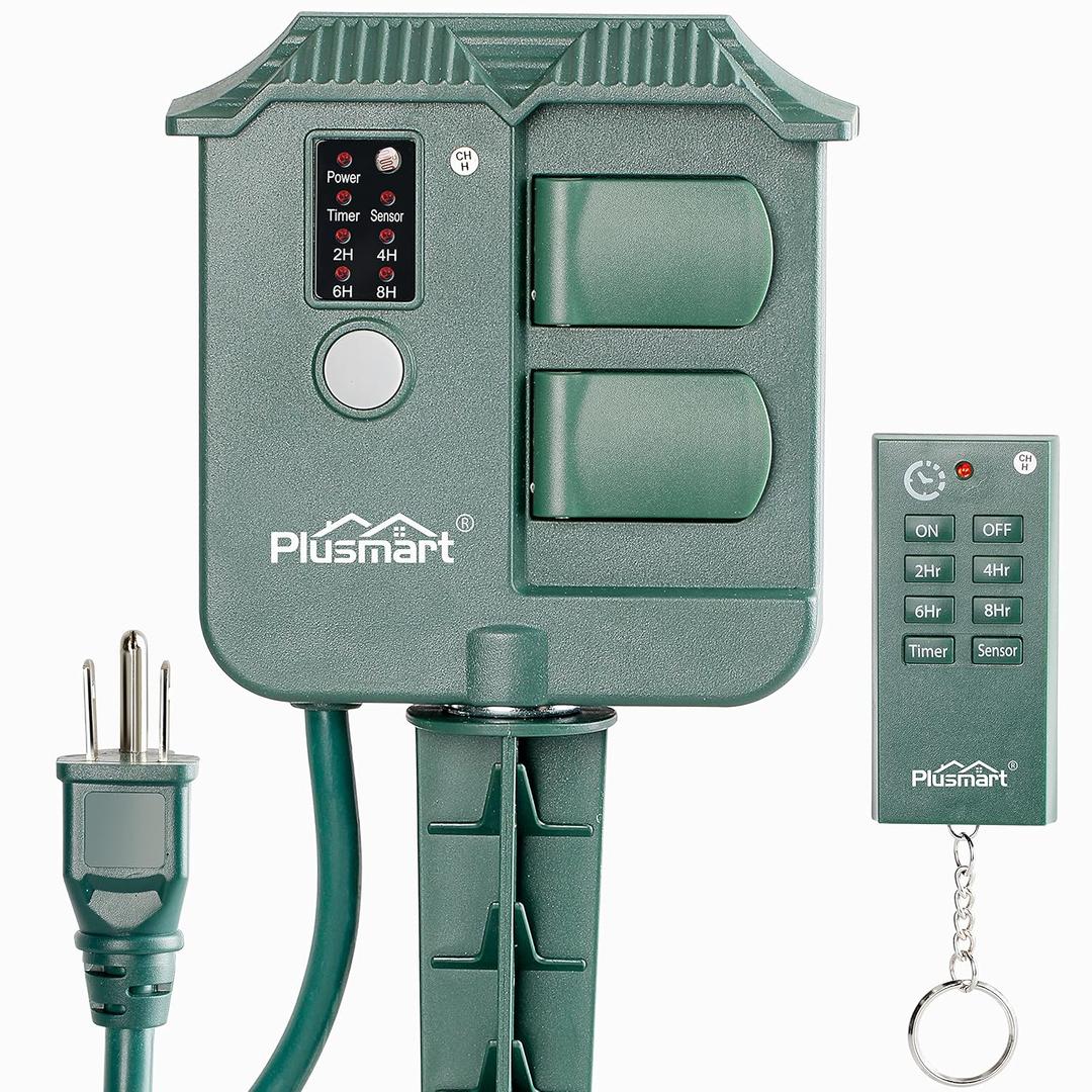 Outdoor Power Stake Timer, Wireless Remote Control, Photocell Light Sensor, 6ft Extension Cord with Switch, 3 Waterproof Grounded Outlets with Cover, UL Listed