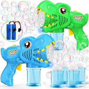 Kids Bubble Gun 2 Pack Dino Bubble Machine Gun for Toddlers with 4 Solutions Automatic 13-Hole Bubbles for Kids Blower Maker Easter Basket Essentials Stocking Stuffers Gift Party Favors for Boys Girls (2pcs-blue+green)