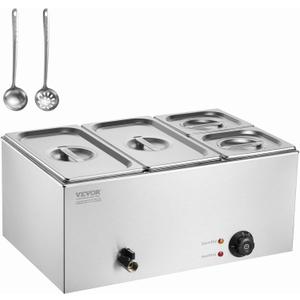 VEVOR 4-Pan Commercial Food Warmer, 16.4QT Electric Steam Table, 1200W Professional Countertop Stainless Steel Buffet Bain Marie with 86-185°F Temp Control for Catering and Restaurants, Silver