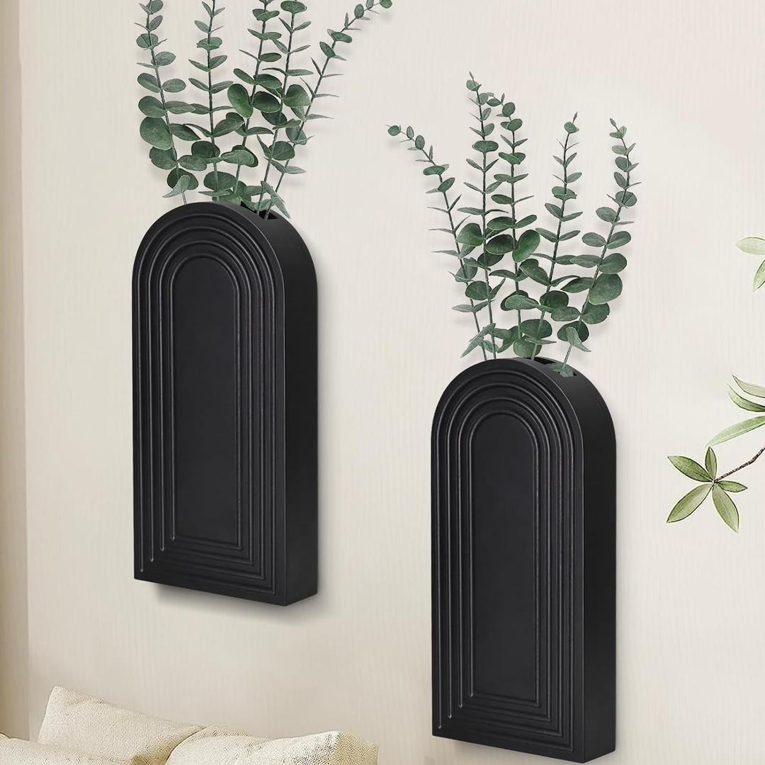 Wall Planter for Indoor Plants, Black Wall Decor for Living Room, Bathroom, Wood Wall Vases for Decor Dried Flowers and Faux Greenery, Set of 2 Modern Farmhouse Decor Hanging Planter