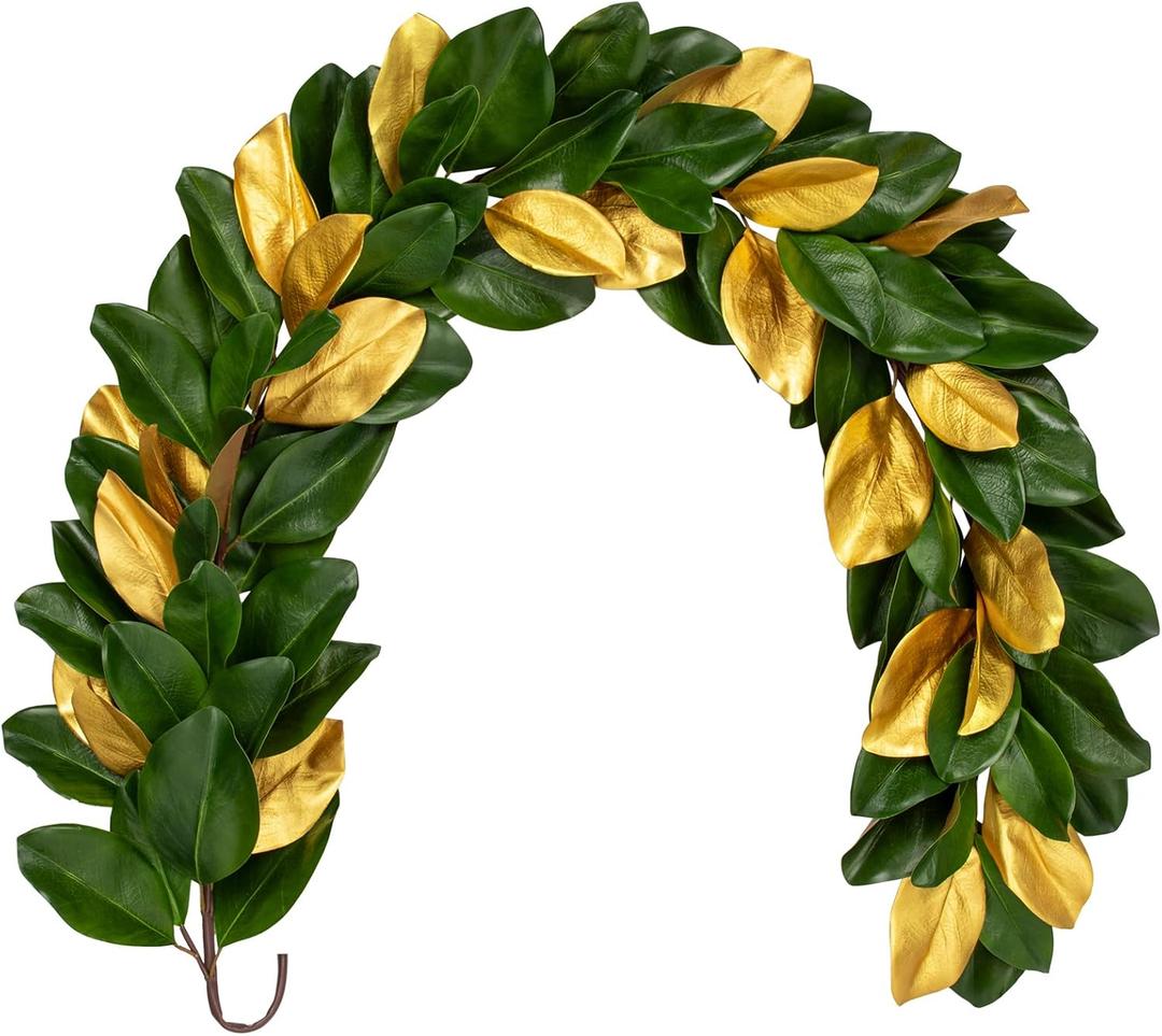 5 Feet Artificial Christmas Garland Fake Gold and Green Magnolia Leave Garland Hanging Xmas Dcor for Thanksgiving Christmas Table Mantel Door Decoration