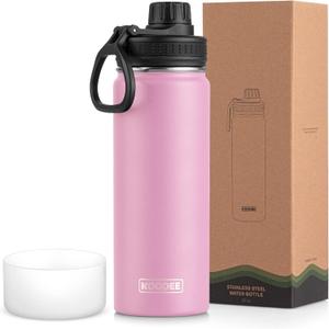 koodee Insulated Water Bottle, 22 oz Stainless Steel Double Wall Vacuum Wide Mouth Sport Bottle with Leakproof Spout Lid (Pink)