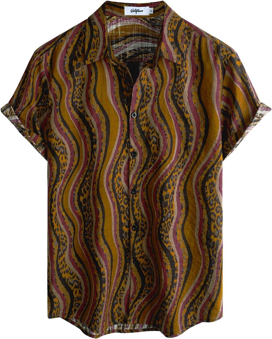 VATPAVE Mens Casual Hawaiian Floral Shirts Short Sleeve Button Down Tropical Summer Shirts (Large, Yellow Red)