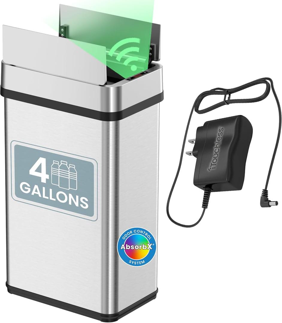 iTouchless 15 Liter / 4 Gallon Stainless Steel Wings Open Lid Sensor Bathroom Trash Can with AC Adapter, Touchless Automatic Operation, Compact Design for Home, Office, Kitchen, Bedroom, Restroom