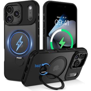 DUEDUE for iPhone 17 Pro Max Case with 360Spin Magnetic Stand[Compatible with MagSafe][Rotatable Ring Holder], Translucent Cover Slim Protection Cases for iPhone 17 Pro Max 6.9", Black