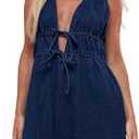 Milumia Women's Bow Tie Plunge V Neck Sleeveless Straight Denim Short Dresses 3XL