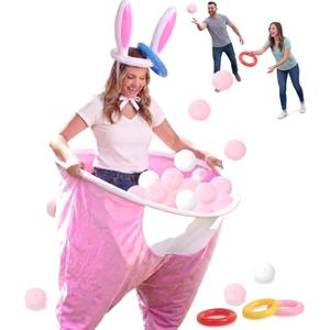 Cuffbow 17 Pcs Easter Bunny Granny Pants Yard Game Sets Granny Pink Pants Ring Toss Poms Inflatable Bunny Ears & Hoops for Adults Easter Family Party Outdoor Activities Lawn Tossing Catching