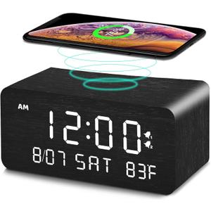 Wooden Digital Alarm Clock with Wireless Charging, 0-100% Adjustable Brightness Dimmer and Alarm Volume, Weekday/Weekend Mode, Dual Alarm, Snooze, 12/24H, Wood LED Clock for Bedroom