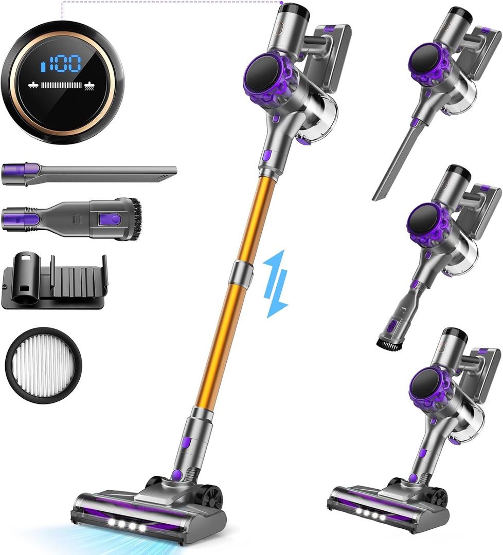 S3 Cordless Vacuum Cleaner, 45kPa Powerful Stick Vacuum, LED Display, 55-Min Runtime Rechargeable Cordless Vacuum, Free-Standing, Vacuum Cleaners for Home Pet Hair Carpet Hard Floor (Purple)
