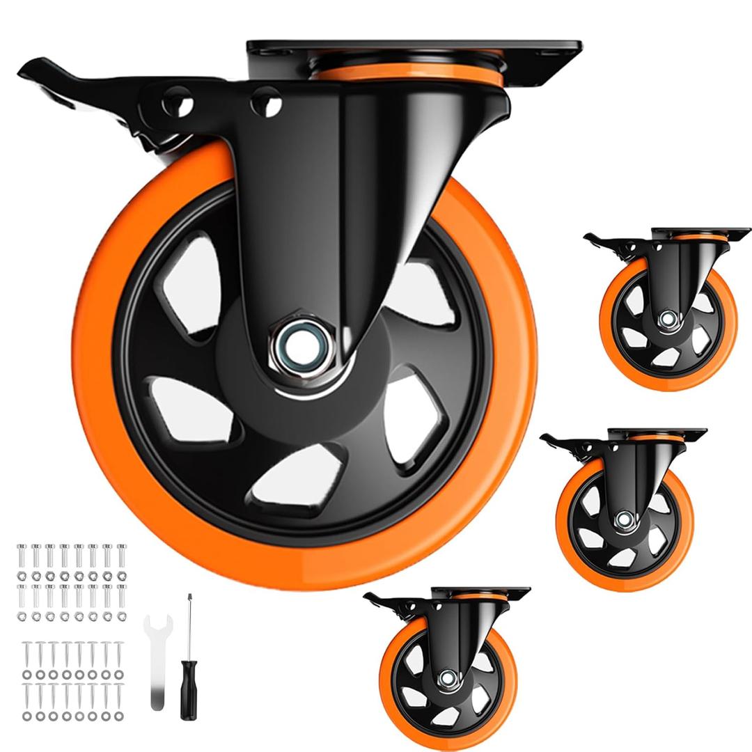 5 Inch Swivel Caster Wheels, Heavy Duty Casters Set of 4, Locking Industrial Casters with Brake, Swivel Top Plate Casters Wheels for Furniture and Workbench, (Free Hardware Kits)