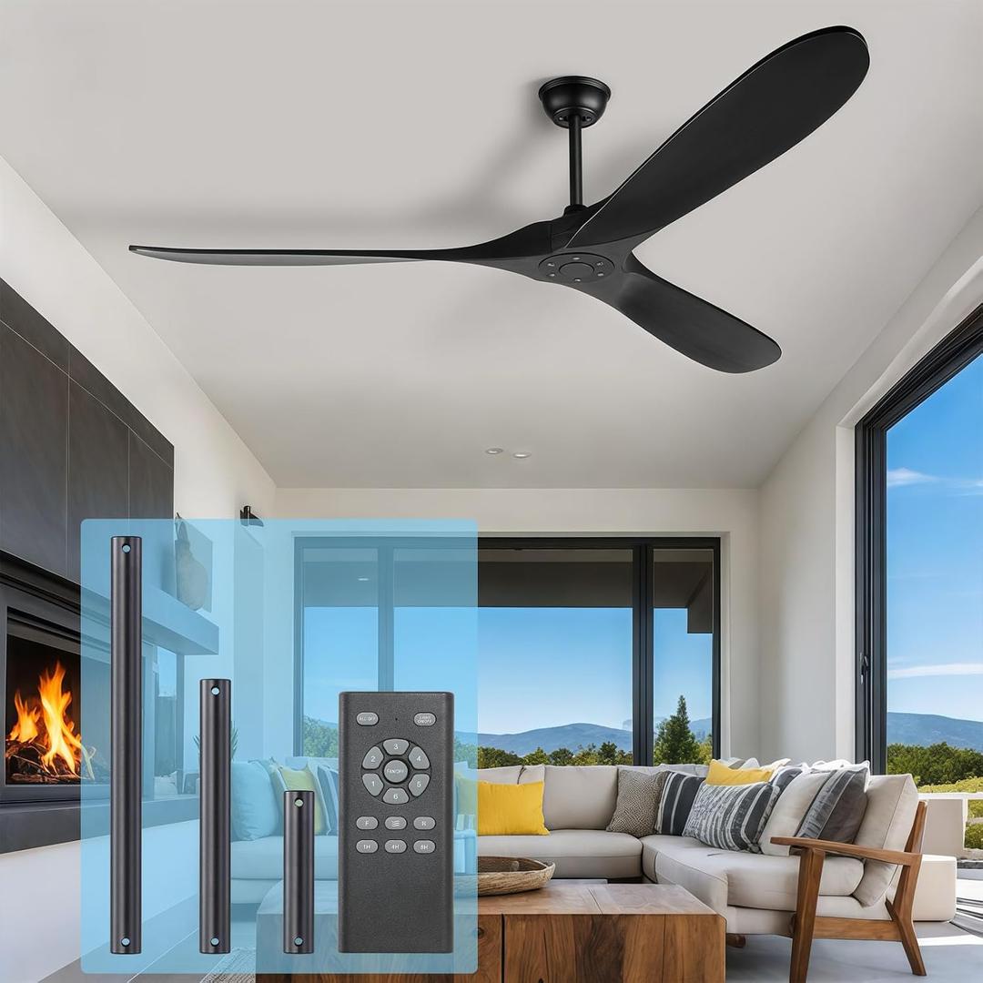 52 Inch Black Ceiling Fan No Light Wood Outdoor Ceiling Fans for Patios 3 Blade Propeller Reversible Modern Ceiling Fan Without Light for Living Room Bedroom with Remote