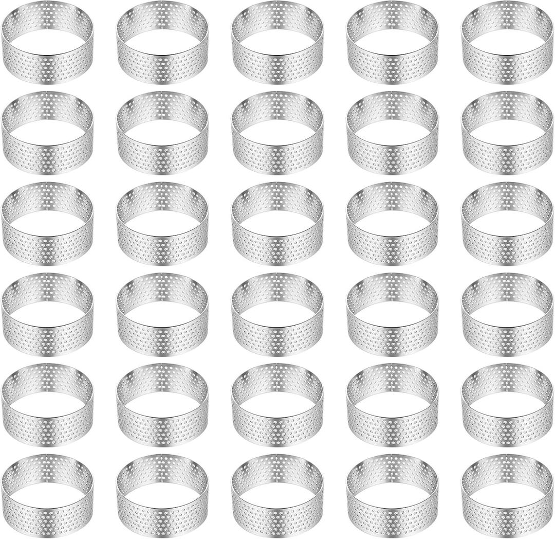 30 Pack 2 Inch Stainless Steel Tart Rings, Heat-Resistant Perforated Cake Mousse Ring, Round Rings Baking Doughnut Tools Small Fruit Tarte Ring Molds for Cooking Dessert