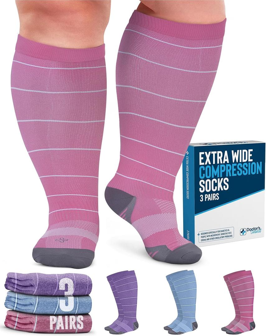 Doctor's Select Plus Size Compression Socks Wide Calf - 3 Pairs | 3XL | 20-30mmHg | Blue, Pink, Purple w/ Stripes | Plus Size Compression Socks for Women Wide Calves | Wide Calf Socks