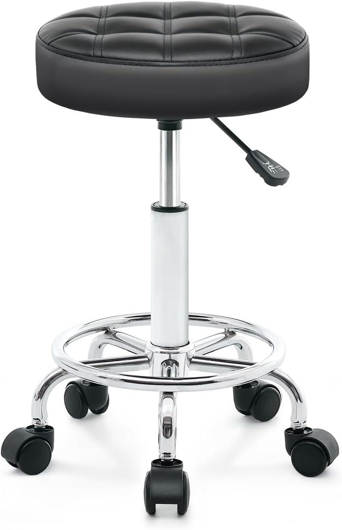 Rolling Stool with Wheels - Swivel Small Office Chair with Footrest, PU Leather Shop Stool for Office Spa Studio Lab Counter Salon Home Work Bar Kitchen Shop Teach Medical Facial, Black
