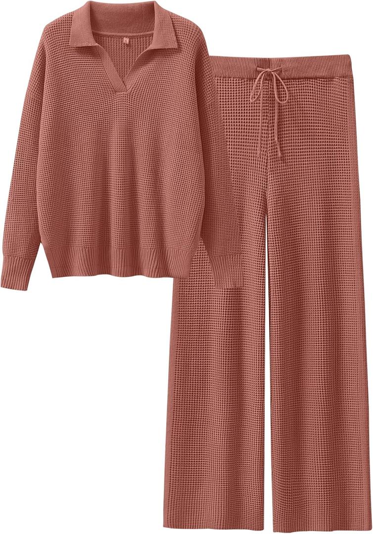 ANRABESS Women Two Piece Outfits Sweater Sets Lounge Waffle Knit Pullover Matching Wide Leg Pants Tracksuit 2025 Fall Fashion (Small, Rust)