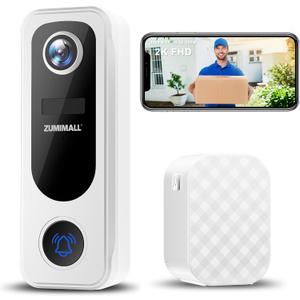 ZUMIMALL Doorbell Camera Wireless No Subscription - 2K Video Doorbell Wireless with Chime, 2 Way Audio, 30s Voice Message, Anti-Theft, AI Detection, Only 2.4GHz WiFi, Battery Powered, Work with Alexa