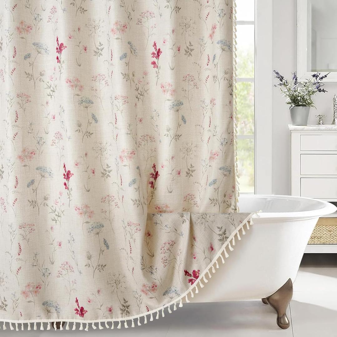 RoomTalks Boho Floral Shower Curtain with Tassels - Premium Quality Heavy Duty, Modern Farmhouse Cute Flowers Vintage Chic Textured Linen Shower Curtain Set Cottage Botanical Bathroom Decor