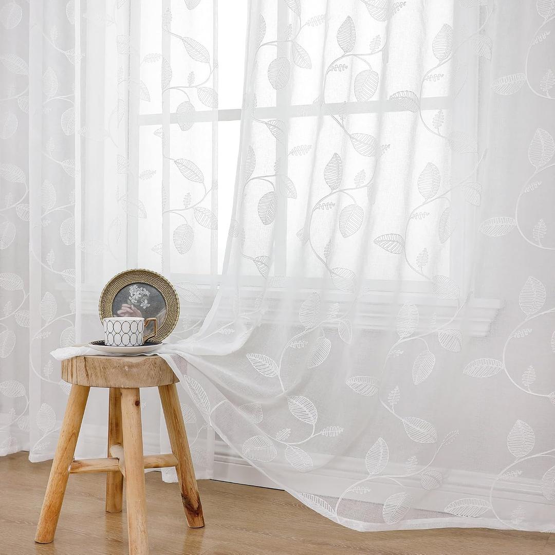 YoungsTex Leaf Linen Sheer Curtains 63 Inches Length for Living Room, Rod Pocket White Lace Drapes Light Filtering Lightweight Boho Embroidered Window Teatments for Bedroom, 2 Panels, 52 X 63 Inch