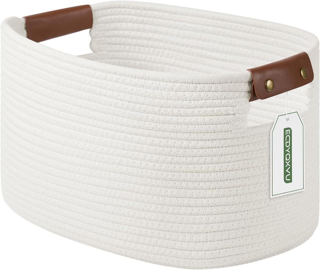 Cotton Rope Basket, Storage Baskets with Handle, 15x10x9 Inch Woven Basket for Shelves, Laundry, Towels, Clothes, Books (White 1Pack)