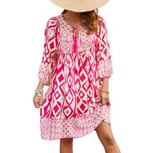Qearal Women's Casual V Neck 3/4 Sleeve Boho Floral Printed Loose Short Flowy Summer Beach Vacation Dress (X-Large, Hot Pink)