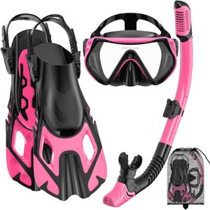 Snorkeling Gear for Adults, Mask Fin Snorkel Set, Dry Top Snorkel, Snorkeling Kit Travel Diving Package, Panoramic View Anti-Fog Anti-Leak Adjustable Swim Fins (Small-Medium, Pink)